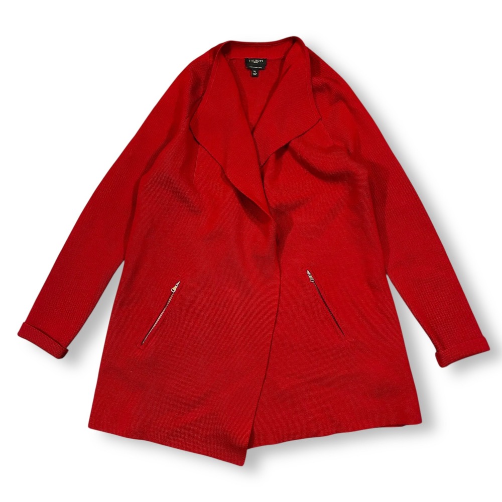 Talbots Petites Red Merino Wool Open Front Knit Cardigan Jacket MP‎